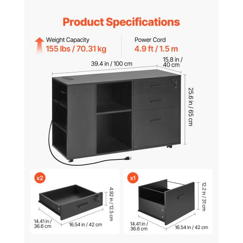 3 Drawer Wooden File Cabinet Mobile Filing Cabinet with Power Strip