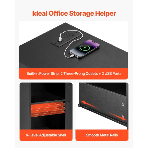 3 Drawer Wooden File Cabinet Mobile Filing Cabinet with Power Strip