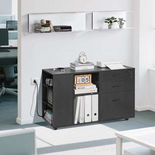 3 Drawer Wooden File Cabinet Mobile Filing Cabinet with Power Strip