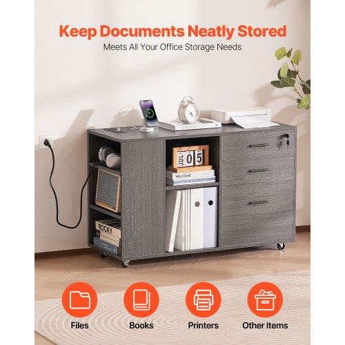 3 Drawer Wooden File Cabinet Mobile Filing Cabinet with Power Strip 1