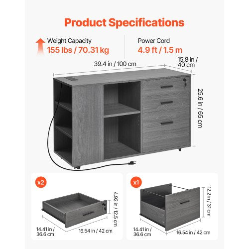 3 Drawer Wooden File Cabinet Mobile Filing Cabinet with Power Strip 1