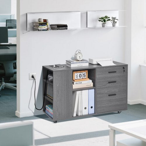 3 Drawer Wooden File Cabinet Mobile Filing Cabinet with Power Strip 1