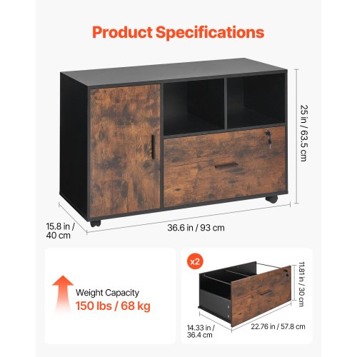 Wood File Cabinet Mobile Filing Cabinet with Open Shelves Lockable Lateral