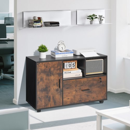 Wood File Cabinet Mobile Filing Cabinet with Open Shelves Lockable Lateral