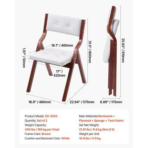 Wooden Folding Chairs with Cushion Set of 2 Portable Foldable Cushion