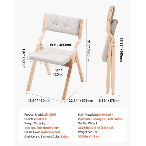 Wooden Folding Chairs with Cushion Set of 2 Portable Foldable Cushion 1