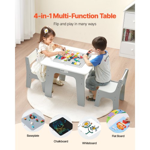 4 in 1 Kid Activity Table and 2 Chairs Set Graffiti Building Blocks