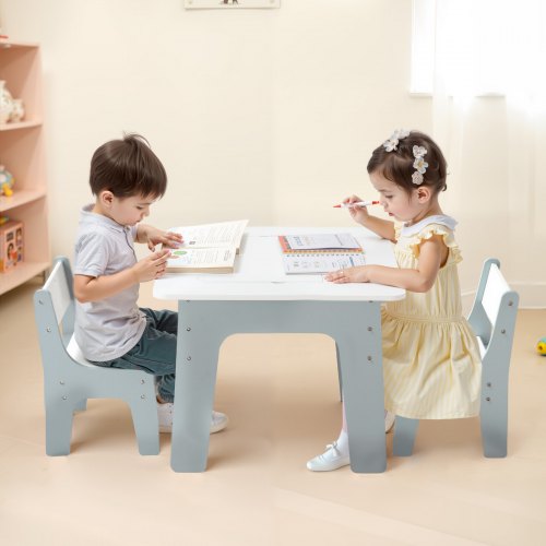 4 in 1 Kid Activity Table and 2 Chairs Set Graffiti Building Blocks