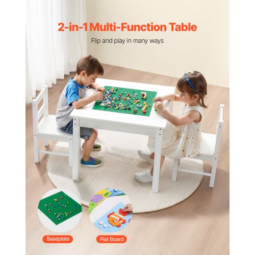 Kids Activity Table and 2 Chairs Set Building Blocks DoubleSided Tabletop
