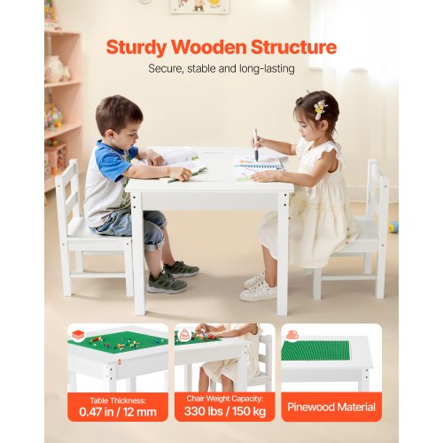 Kids Activity Table and 2 Chairs Set Building Blocks DoubleSided Tabletop