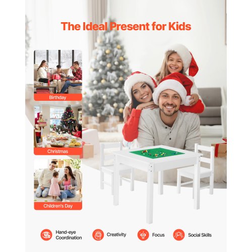 Kids Activity Table and 2 Chairs Set Building Blocks DoubleSided Tabletop
