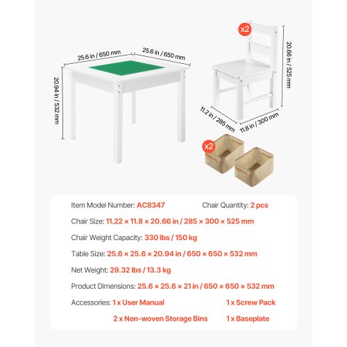 Kids Activity Table and 2 Chairs Set Building Blocks DoubleSided Tabletop