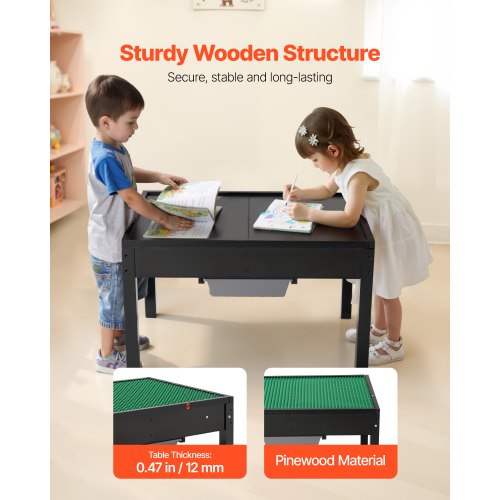 Kids Wooden Activity Table Building Blocks DoubleSided Tabletop