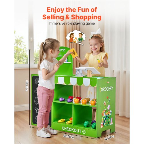 Kids Grocery Store Playset Wooden Play Market Stand with Shopping Bag Kids