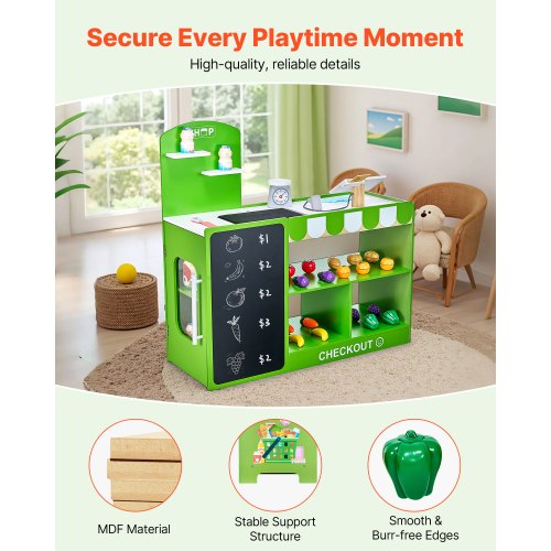 Kids Grocery Store Playset Wooden Play Market Stand with Shopping Bag Kids