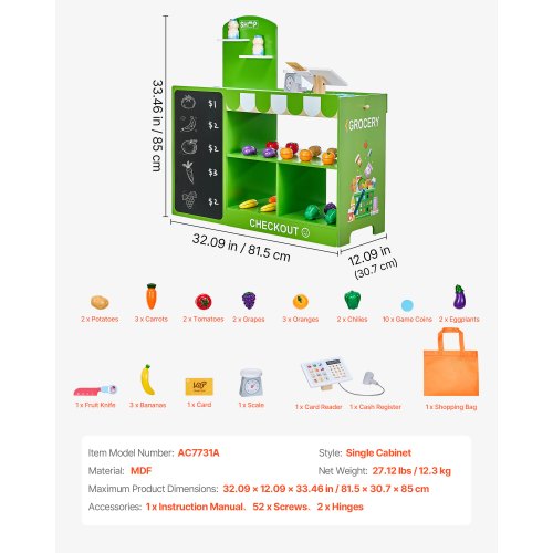 Kids Grocery Store Playset Wooden Play Market Stand with Shopping Bag Kids