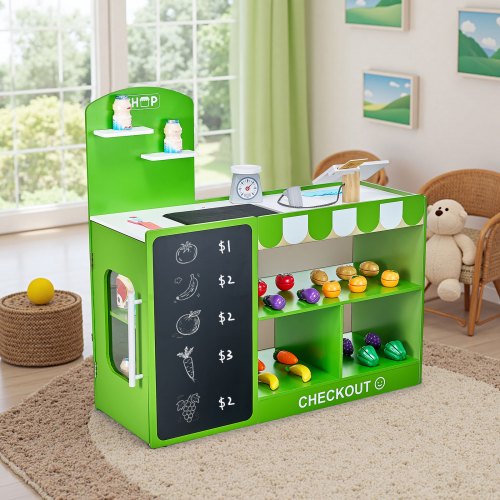 Kids Grocery Store Playset Wooden Play Market Stand with Shopping Bag Kids