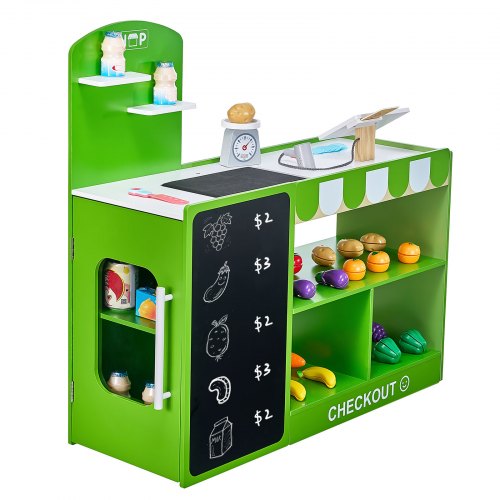 Kids Grocery Store Playset Wooden Play Market Stand with Shopping Bag Kids