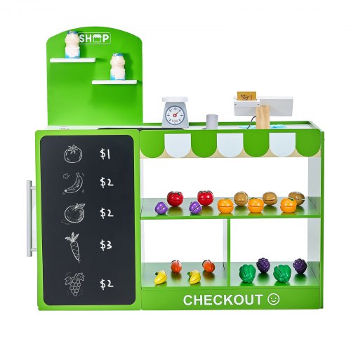 Kids Grocery Store Playset Wooden Play Market Stand with Shopping Bag Kids
