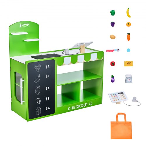Kids Grocery Store Playset Wooden Play Market Stand with Shopping Bag Kids