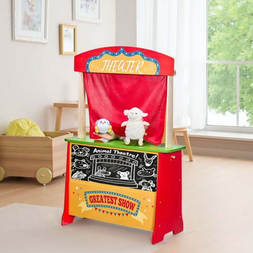 Wooden Puppet Theater with Curtains 2in1 Reversible Play Store