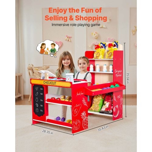Kids Grocery Store Playset Wooden Play Store with Shopping Bag Kids