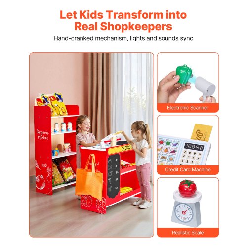 Kids Grocery Store Playset Wooden Play Store with Shopping Bag Kids