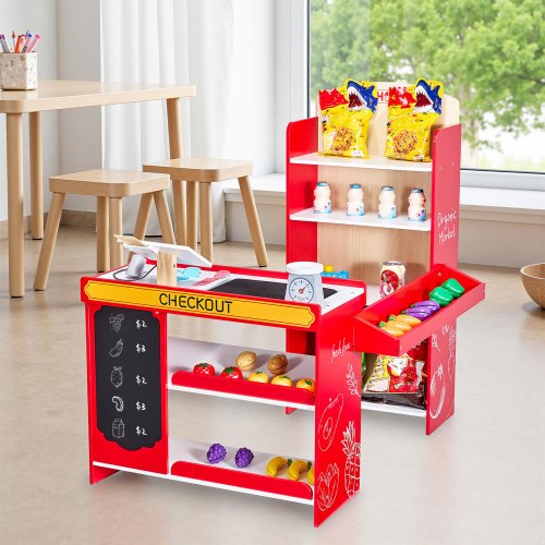 Kids Grocery Store Playset Wooden Play Store with Shopping Bag Kids