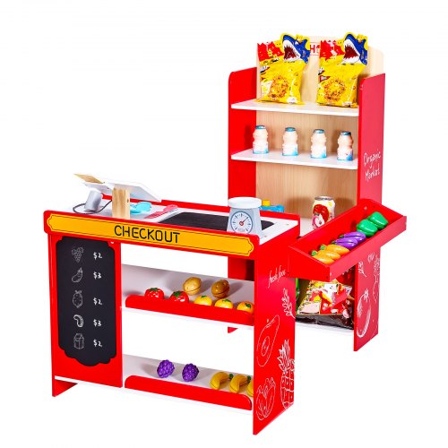 Kids Grocery Store Playset Wooden Play Store with Shopping Bag Kids