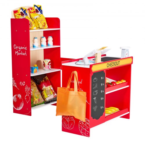 Kids Grocery Store Playset Wooden Play Store with Shopping Bag Kids