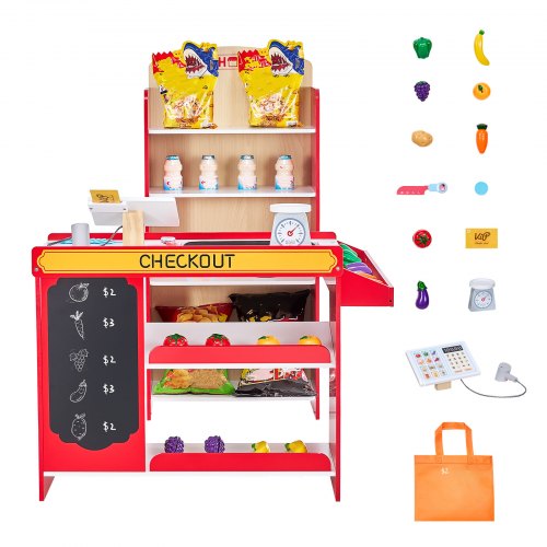 Kids Grocery Store Playset Wooden Play Store with Shopping Bag Kids