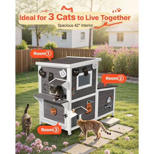 Outdoor Cat House 2Story Wooden Cat Shelter for 3 Outside Cats in Winter