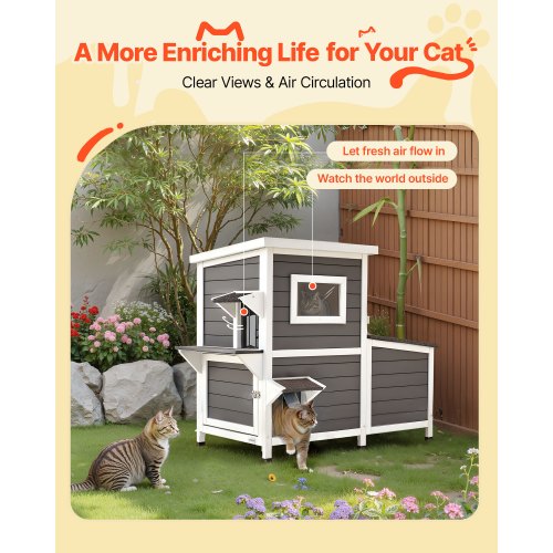 Outdoor Cat House 2Story Wooden Cat Shelter for 3 Outside Cats in Winter