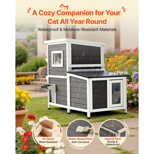 Outdoor Cat House 2Story Wooden Cat Shelter for 3 Outside Cats in Winter