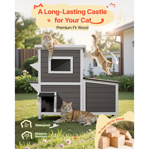 Outdoor Cat House 2Story Wooden Cat Shelter for 3 Outside Cats in Winter