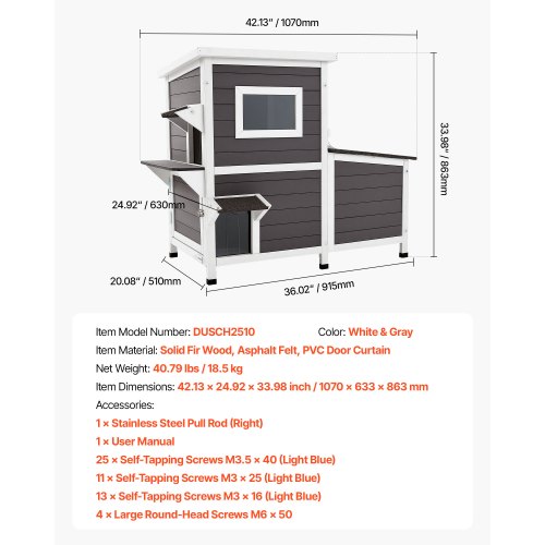 Outdoor Cat House 2Story Wooden Cat Shelter for 3 Outside Cats in Winter