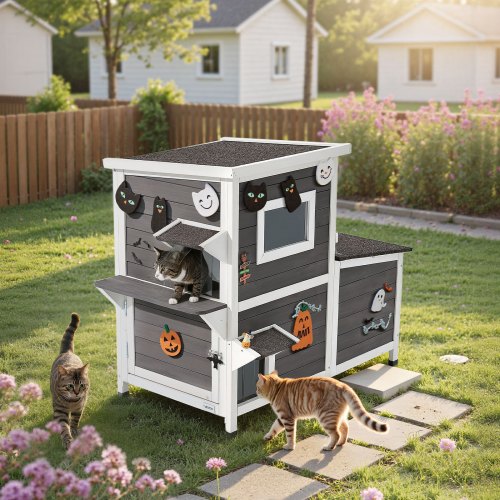 Outdoor Cat House 2Story Wooden Cat Shelter for 3 Outside Cats in Winter