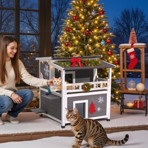 Insulated Cat House 2Story Wooden Cat Shelter Foam Insulation Feral