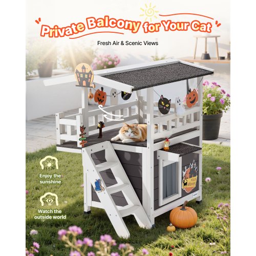 Outdoor Cat House 2Story Wooden Cat Shelter with Stairs Balcony