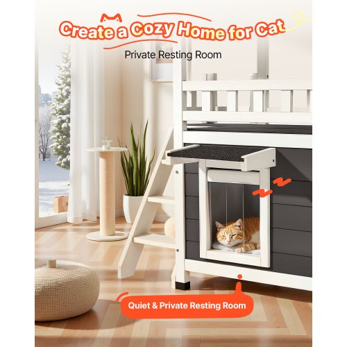 Outdoor Cat House 2Story Wooden Cat Shelter with Stairs Balcony