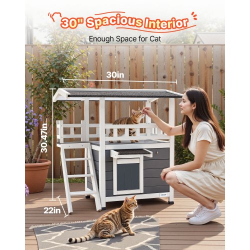 Outdoor Cat House 2Story Wooden Cat Shelter with Stairs Balcony