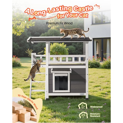 Outdoor Cat House 2Story Wooden Cat Shelter with Stairs Balcony