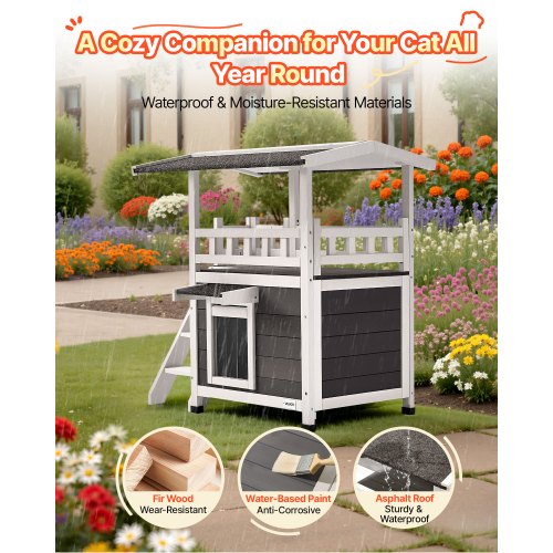 Outdoor Cat House 2Story Wooden Cat Shelter with Stairs Balcony