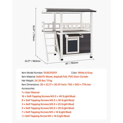 Outdoor Cat House 2Story Wooden Cat Shelter with Stairs Balcony