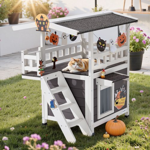 Outdoor Cat House 2Story Wooden Cat Shelter with Stairs Balcony