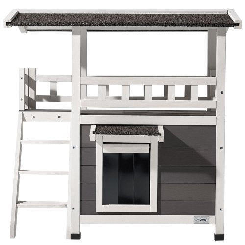 Outdoor Cat House 2Story Wooden Cat Shelter with Stairs Balcony