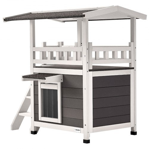 Outdoor Cat House 2Story Wooden Cat Shelter with Stairs Balcony