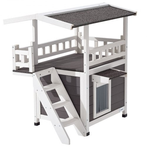 Outdoor Cat House 2Story Wooden Cat Shelter with Stairs Balcony