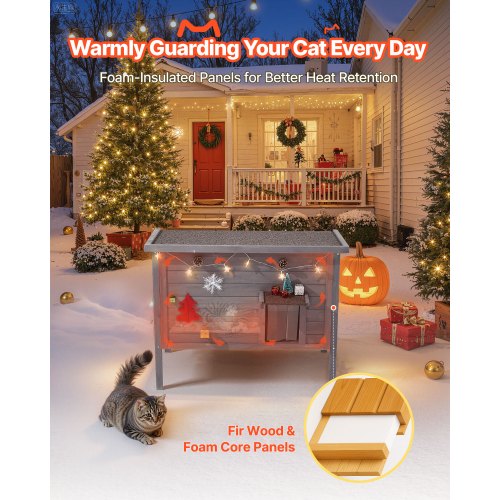Heated Cat House Insulated Wooden Cat House for Outdoor Cats Waterproof