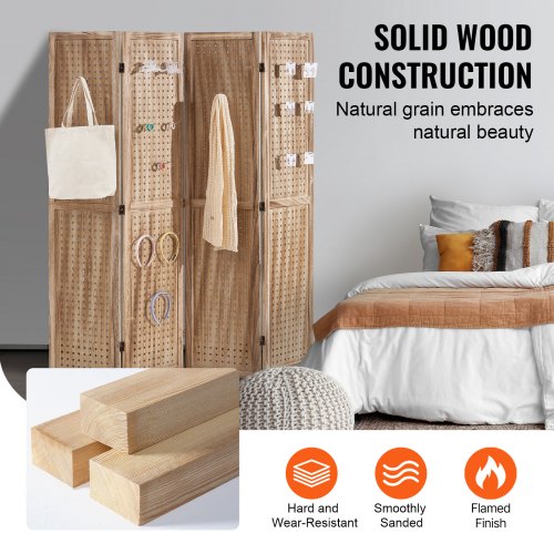 Wood Room Divider 4 Panel Wood Folding Privacy Screen 66.9 Inches Tall